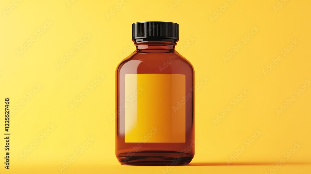Amber Glass Bottle with Yellow Label on Yellow Background Amber Glass Bottle with Yellow Label on Yellow Background