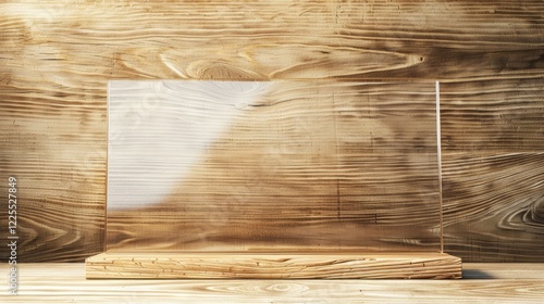 Transparent plastic desk display with text space on wood surface.