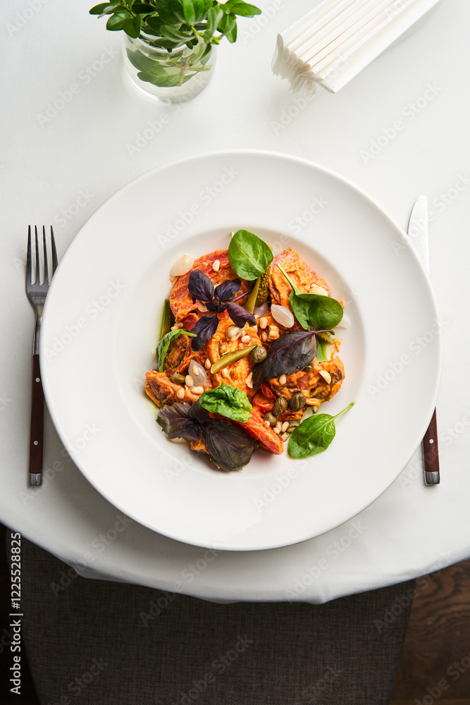 A beautifully arranged pasta dish features vibrant vegetables and herbs atop a white plate. The setting includes a neatly set table with utensils, creating a welcoming atmosphere for diners A beautifully arranged pasta dish features vibrant vegetables and herbs atop a white plate. The setting includes a neatly set table with utensils, creating a welcoming atmosphere for diners