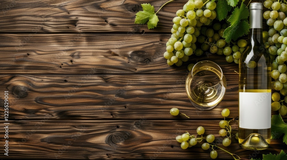 Obraz premium Vintage white wine bottle, grapes, and empty glass on wooden table. Costly chardonnay display. Top view with space for text.