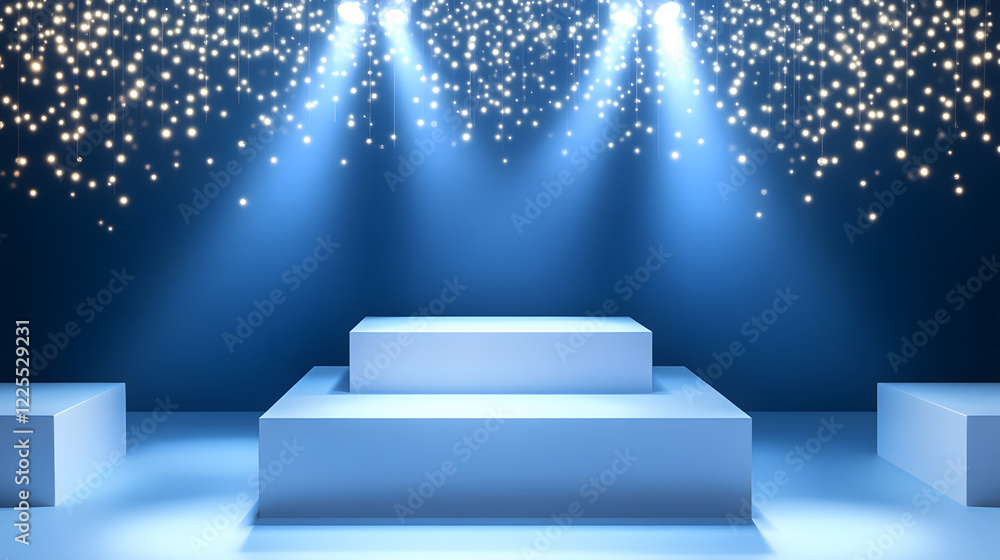 Fototapeta premium Square podiums are white. Abstract background. A stage for the demonstration of cosmetics. Podium for the award, consisting of three 3 square figures of different sizes on a blue background. Showcase