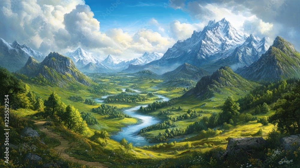 Fototapeta premium Serene Valley Nestled Among Majestic Snowcapped Mountains