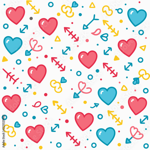 Colorful hearts, arrows, pattern, white background, Valentine's Day design (1) photo