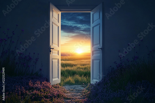 A serene open door revealing a vibrant sunset over a lush field, surrounded by blooming flowers
