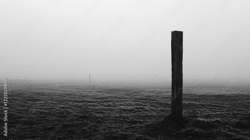 Foggy landscape with a solitary wooden post in the foreground and blurred fence posts in the background Foggy landscape with a solitary wooden post in the foreground and blurred fence posts in the background