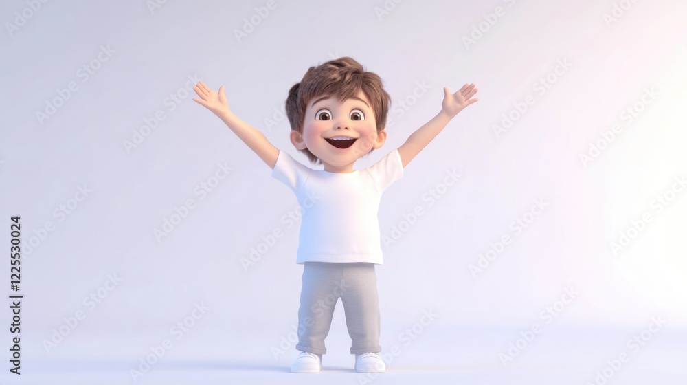 Happy child jumping with outstretched arms, wearing a blank white T-shirt suitable for personalized advertising text, isolated on white background. Happy child jumping with outstretched arms, wearing a blank white T-shirt suitable for personalized advertising text, isolated on white background.