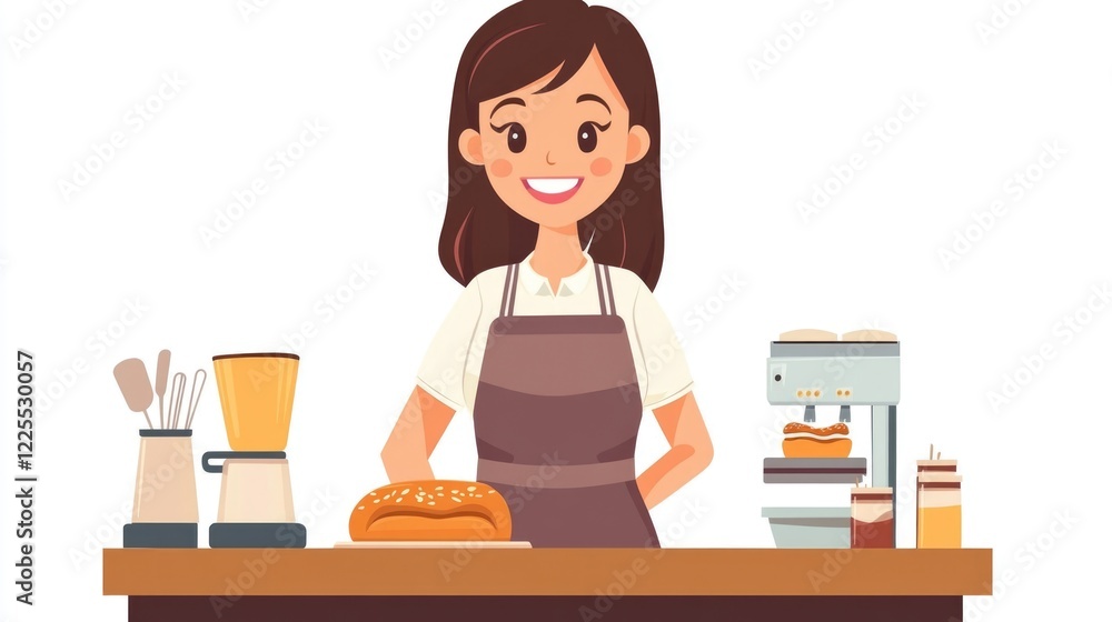 Smiling Asian female bakery owner in apron preparing fresh bread and coffee at her coffee shop on a bright white background Smiling Asian female bakery owner in apron preparing fresh bread and coffee at her coffee shop on a bright white background
