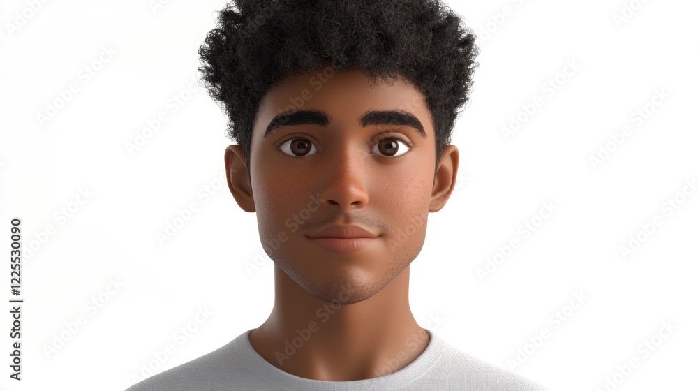 Obraz premium Young man with short afro hairstyle on a plain white background showcasing a friendly and approachable demeanor in a character style.