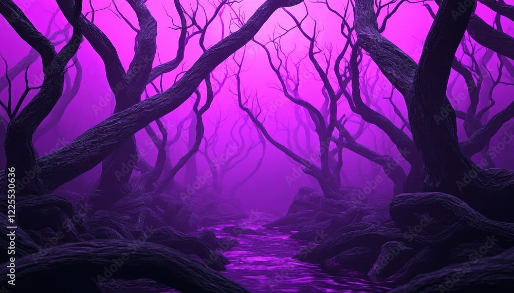 Naklejka premium Alien forest with glowing purple trees and flowing misty rivers surreal 3D environment with vibrant and dreamlike details