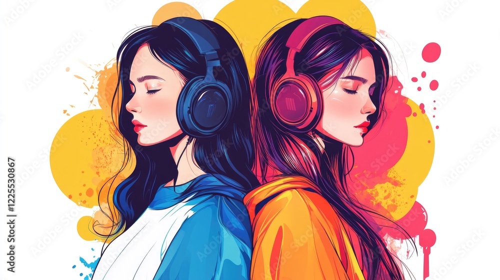 Two stylish women enjoying music with headphones against a vibrant, colorful background conveying relaxation and modern lifestyle. Two stylish women enjoying music with headphones against a vibrant, colorful background conveying relaxation and modern lifestyle.