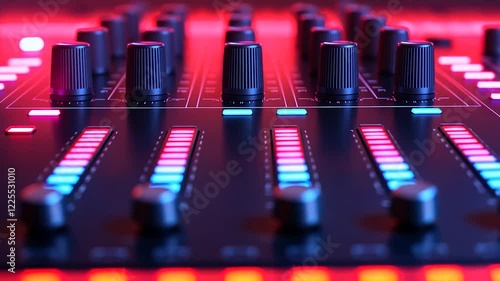 Close-up view of a DJ mixer with illuminated controls.