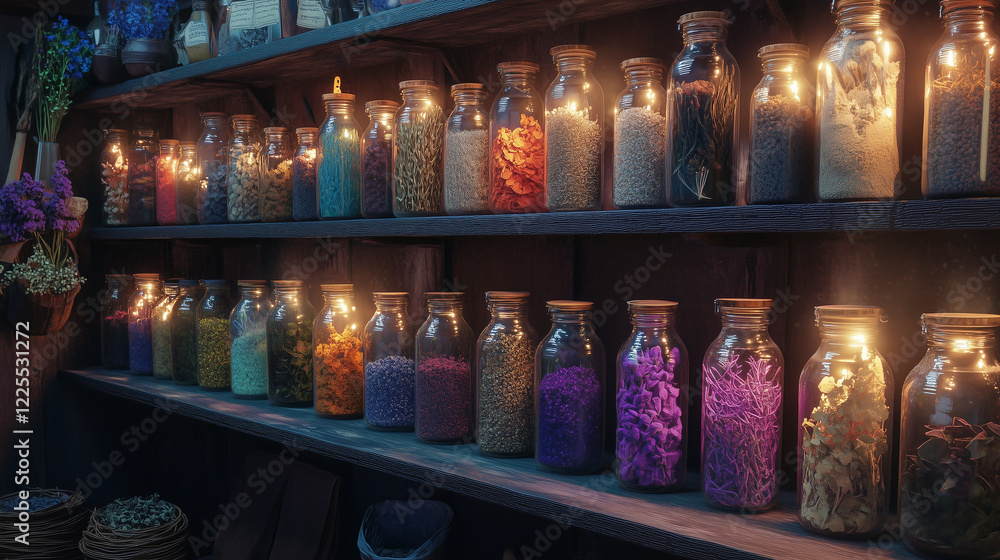 A wall lined with jars of magical herbs, powders, and shimmering crystals, illuminated by lanterns A wall lined with jars of magical herbs, powders, and shimmering crystals, illuminated by lanterns