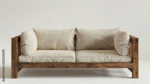 Wooden fabric couch on a white backdrop