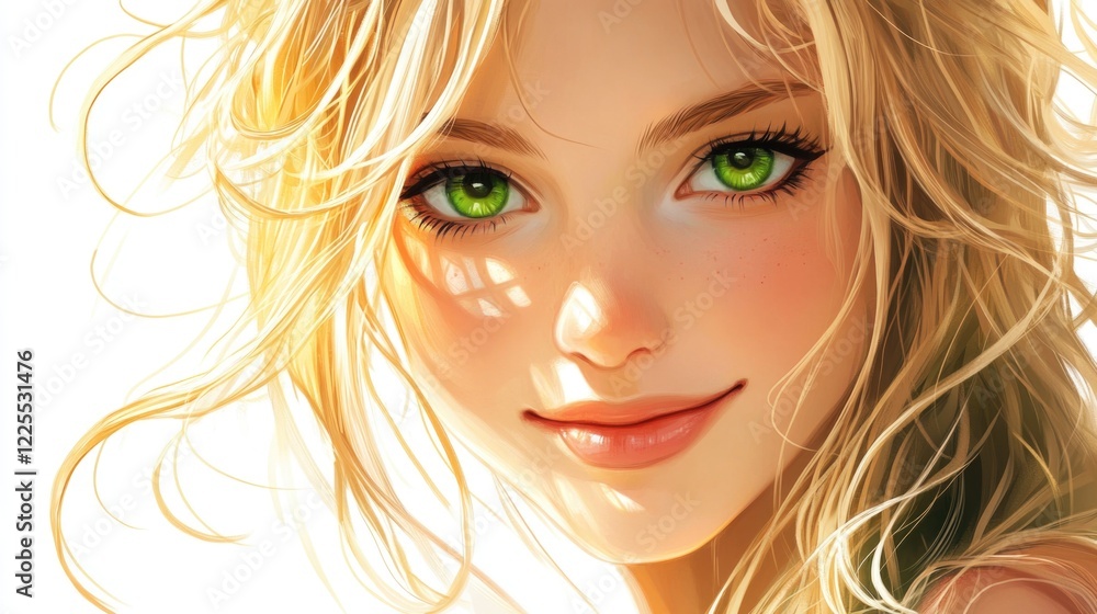 Portrait of cheerful female with flowing blonde hair and striking green eyes against a pure white background ideal for beauty and fashion themes Portrait of cheerful female with flowing blonde hair and striking green eyes against a pure white background ideal for beauty and fashion themes
