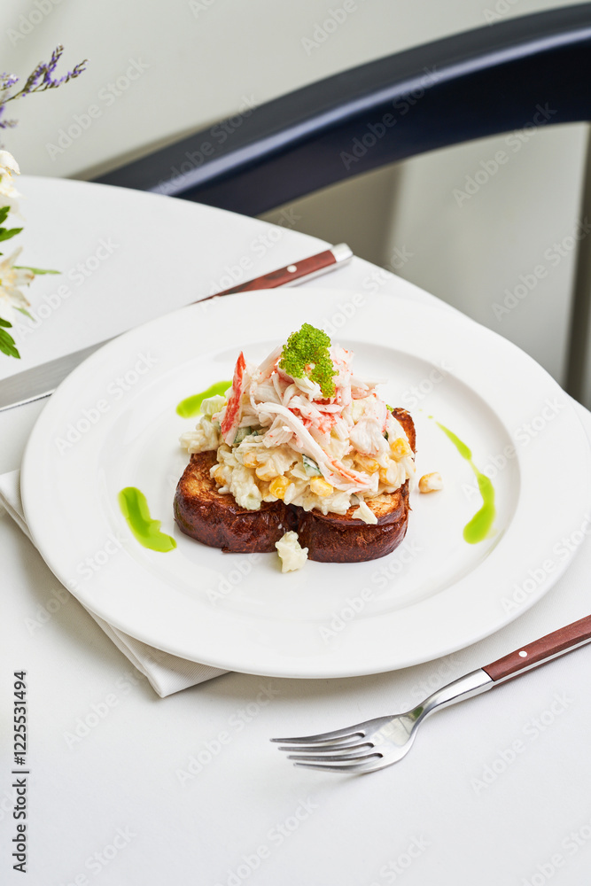 A seafood salad piled high on slices of toasted bread sits elegantly on a white plate. The dish is garnished with bright green sauce, capturing the essence of culinary creativity A seafood salad piled high on slices of toasted bread sits elegantly on a white plate. The dish is garnished with bright green sauce, capturing the essence of culinary creativity