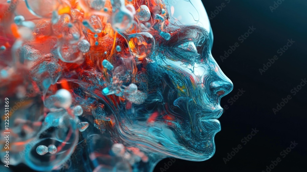Innovative Concept of Creativity and Knowledge represented through an Abstract Human Head with Colorful Elements and Bubbles. Innovative Concept of Creativity and Knowledge represented through an Abstract Human Head with Colorful Elements and Bubbles.