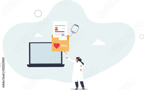 Electronic health records and patient medical data folder.Healthcare digitization as checkup, examination and treatment history.flat characters.