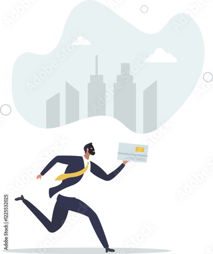 Credit card theft .man stealing personal data and identity in bank, criminal running down city.flat characters.