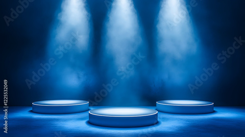 Square podiums are white. Abstract background. A stage for the demonstration of cosmetics. Podium for the award, consisting of three 3 square figures of different sizes on a blue background. Showcase