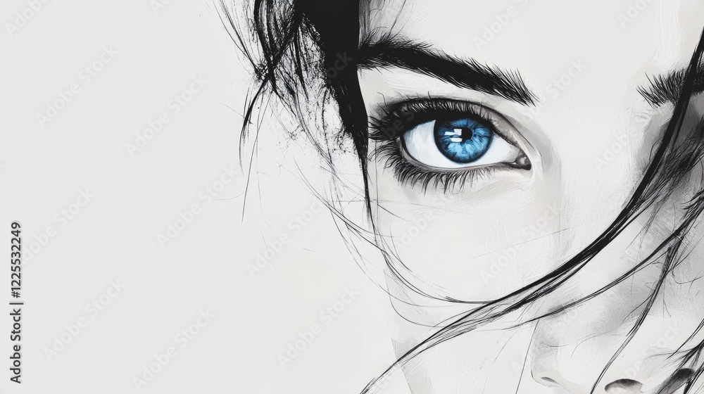 Obraz premium Brunette woman with striking blue eyes and flowing hair against a minimalist white background emphasizing beauty and elegance.