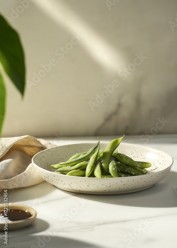 Fresh edamame beans with sea salt in ceramic bowl on sunlit table