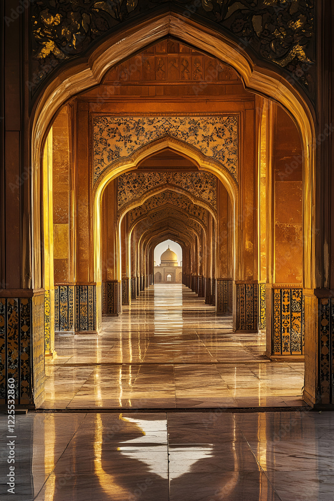 Obraz premium Golden archway leading to mosque dome in sunset light