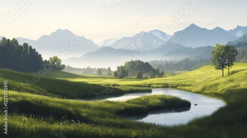 Serene morning landscape with mountains, river, and lush green fields.