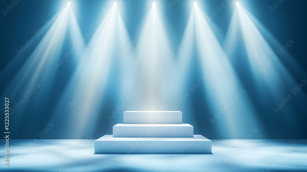 Fototapeta premium Square podiums are white. Abstract background. A stage for the demonstration of cosmetics. Podium for the award, consisting of three 3 square figures of different sizes on a blue background. Showcase