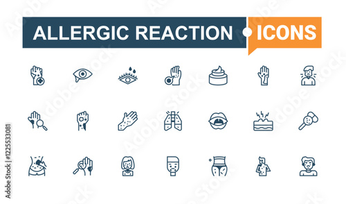 Allergic Reaction linear icon collection. Contains such icons as food, rhinitis, arm, pharmaceutical, sick, dog, milk. Thin linear style icons. Solid line editable stroke.