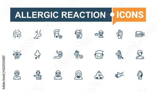 Allergic Reaction linear icon collection. Contains such icons as food, rhinitis, arm, pharmaceutical, sick, dog, milk. Thin linear style icons. Solid line editable stroke.