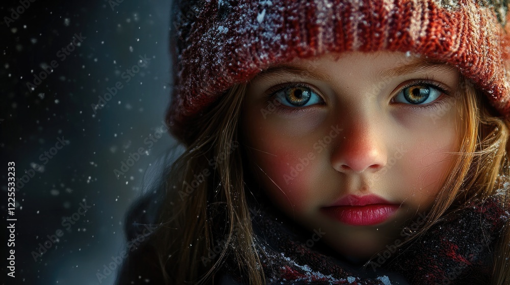 Fototapeta premium Captivating portrait of a young girl in a cozy hat surrounded by falling snowflakes in a winter wonderland setting.