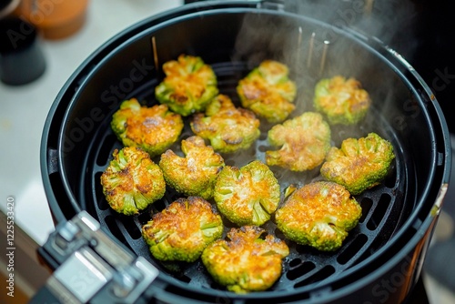 Crispy air-fried broccoli bites cooking in a kitchen on a sunny afternoon photo