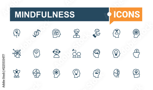 Mindfulness minimal icon set. Contains such icons as health, body, mindfulness, human, mental and more. Web icons. Editable vector outline and solid icons.