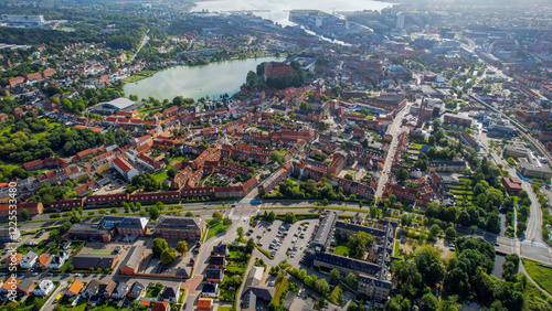 Aerial view around the old town of the city Kolding on a sunny day in Denmark. photo