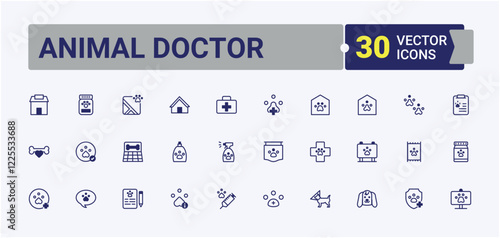 Animal Doctor linear icon collection. Contains such icons as aquarium, insurance, award, food, kitten, pill, dog. Minimal icons. Solid line editable stroke. Vector line and solid icons.