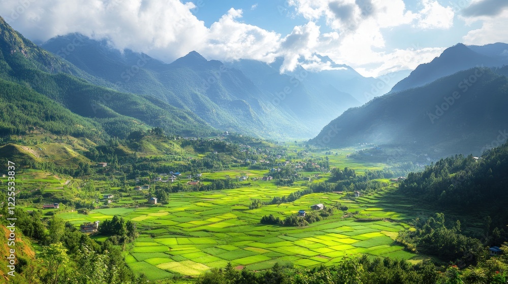 Lush Green Valley Village Nestled Among Majestic Mountains Lush Green Valley Village Nestled Among Majestic Mountains