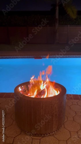 Bonfire by a pool at night