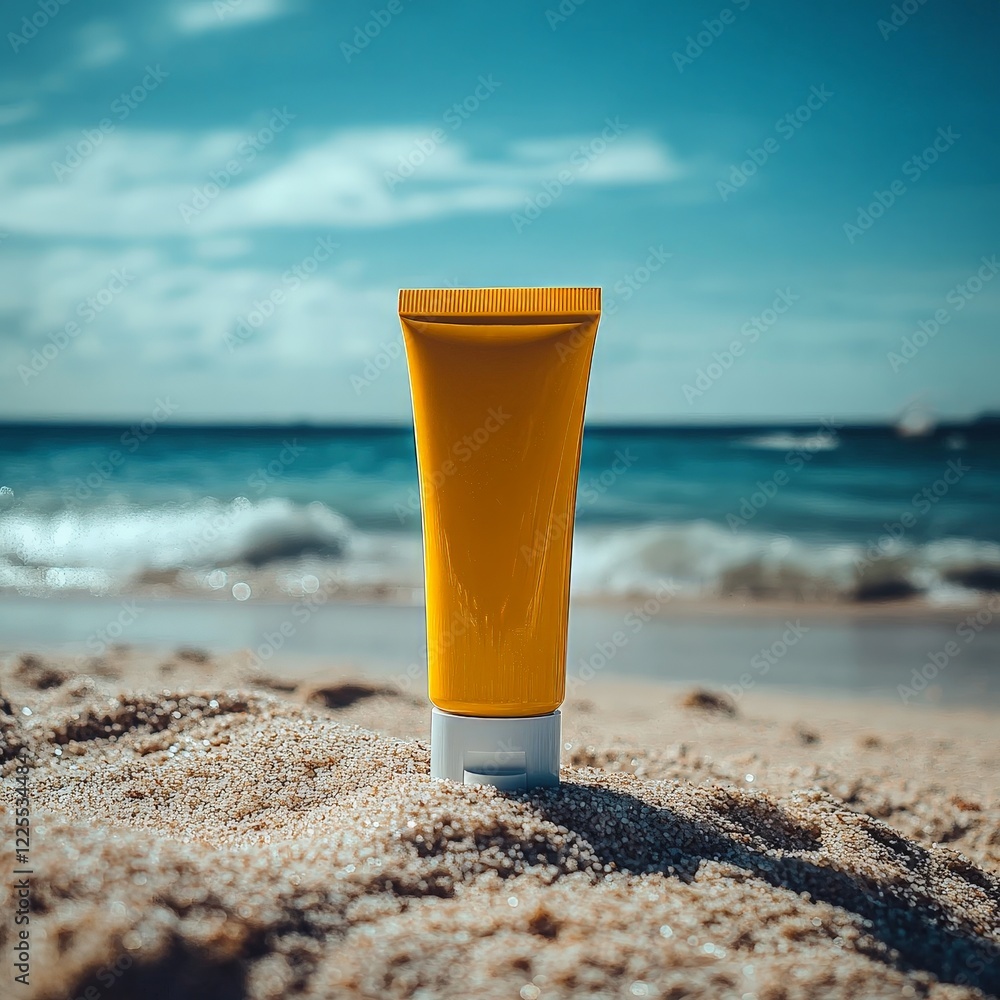 A minimalist sunscreen bottle on a sandy beach with a serene blue ocean in the background, promoting skincare and summer vacation vibes.