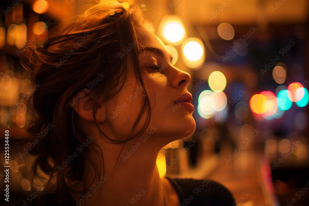 Ai generated photo of young woman in pub at evening Ai generated photo of young woman in pub at evening