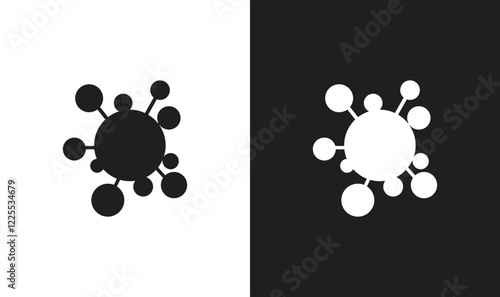 Virus Icon: A versatile virus icon, presented in both black and white variations, perfect for medical, health, or science-related projects.  This simple yet effective design is ideal for websites.