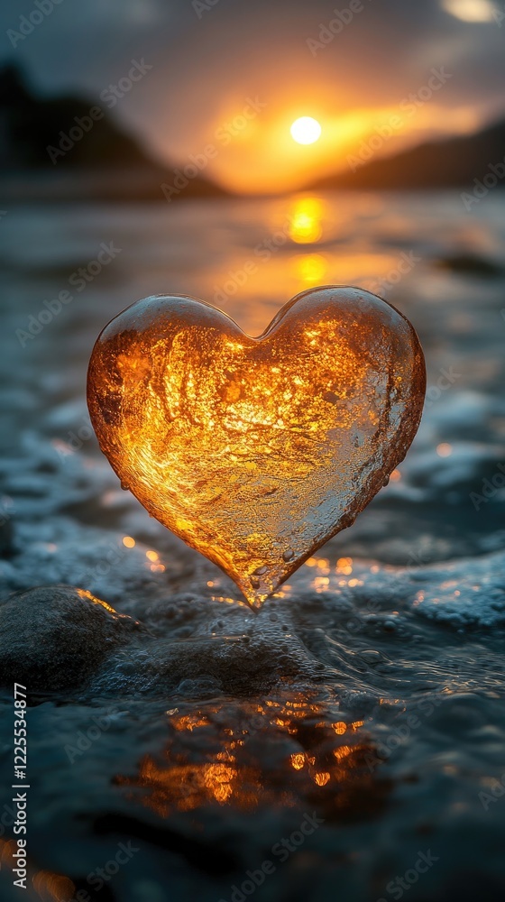 Fototapeta premium Glowing Amber Heart on Ocean Waves at Sunset