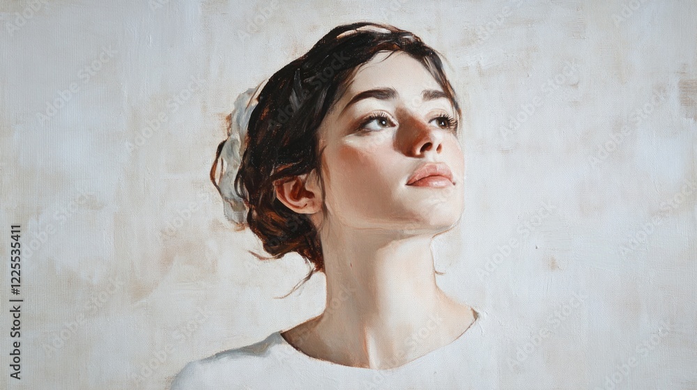 Portrait of a young woman with a serene expression against a minimalist white background, showcasing beauty and elegance. Portrait of a young woman with a serene expression against a minimalist white background, showcasing beauty and elegance.