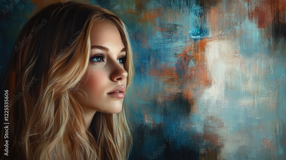 Fototapeta premium Young woman profile portrait with long wavy hair against a textured colorful background showing artistic expression and beauty.