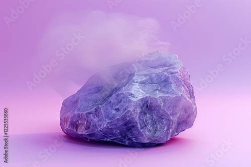 A mystical rock with purple hues and a vaporous mist creates an enchanting atmosphere against a soft pink backdrop. photo