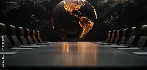 Massive 3D holographic globe with glowing continents spinning in a futuristic conference room high-tech interior concept photo