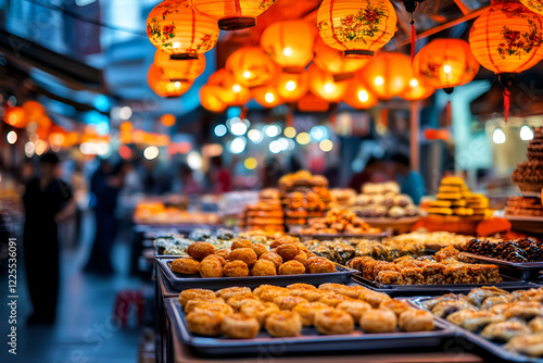 Vibrant asian night market with lanterns and assorted street food stalls