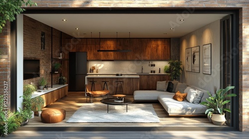 Wallpaper Mural Stylish apartment with cozy living area and kitchen. Generative AI Torontodigital.ca