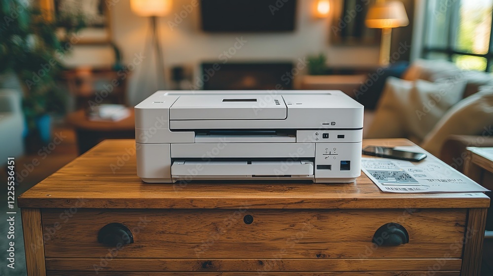 Fototapeta premium Modern White Printer Sits On Wooden Desk In Home Office