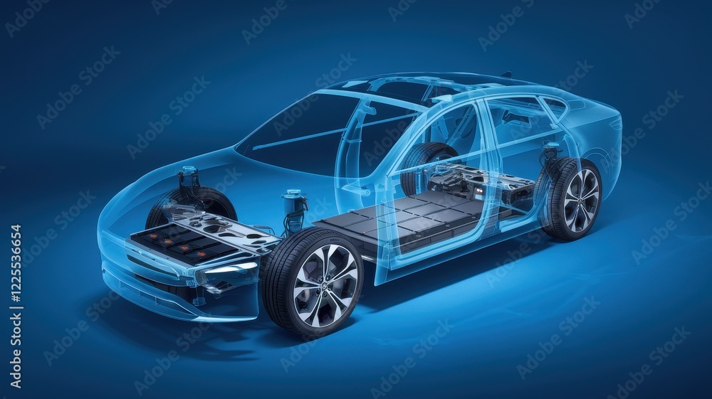 Electric Car Cutaway Showing Battery And Chassis Components Electric Car Cutaway Showing Battery And Chassis Components