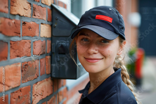 Smiling Mailman Delivering Letters and Parcels in Residential Neighborhood, Generative AI photo